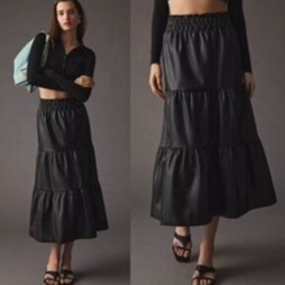 Anthropologie Somerset Maxi Skirt Faux Leather Black Elastic Waist Tiered MP - Picture 1 of 10